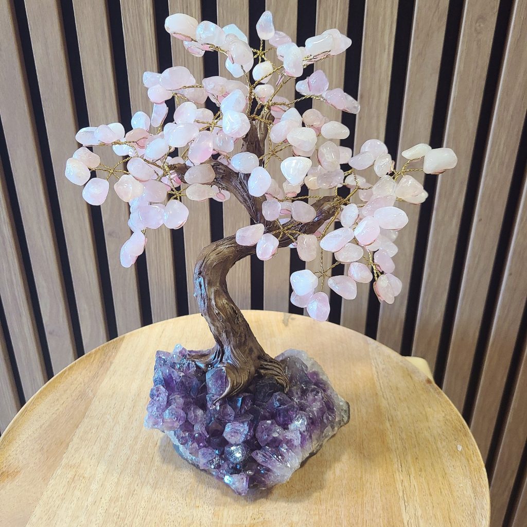 arbre de vie quartz rose sur améthyste AAA sculpture minérale 180 pierres Brésil
