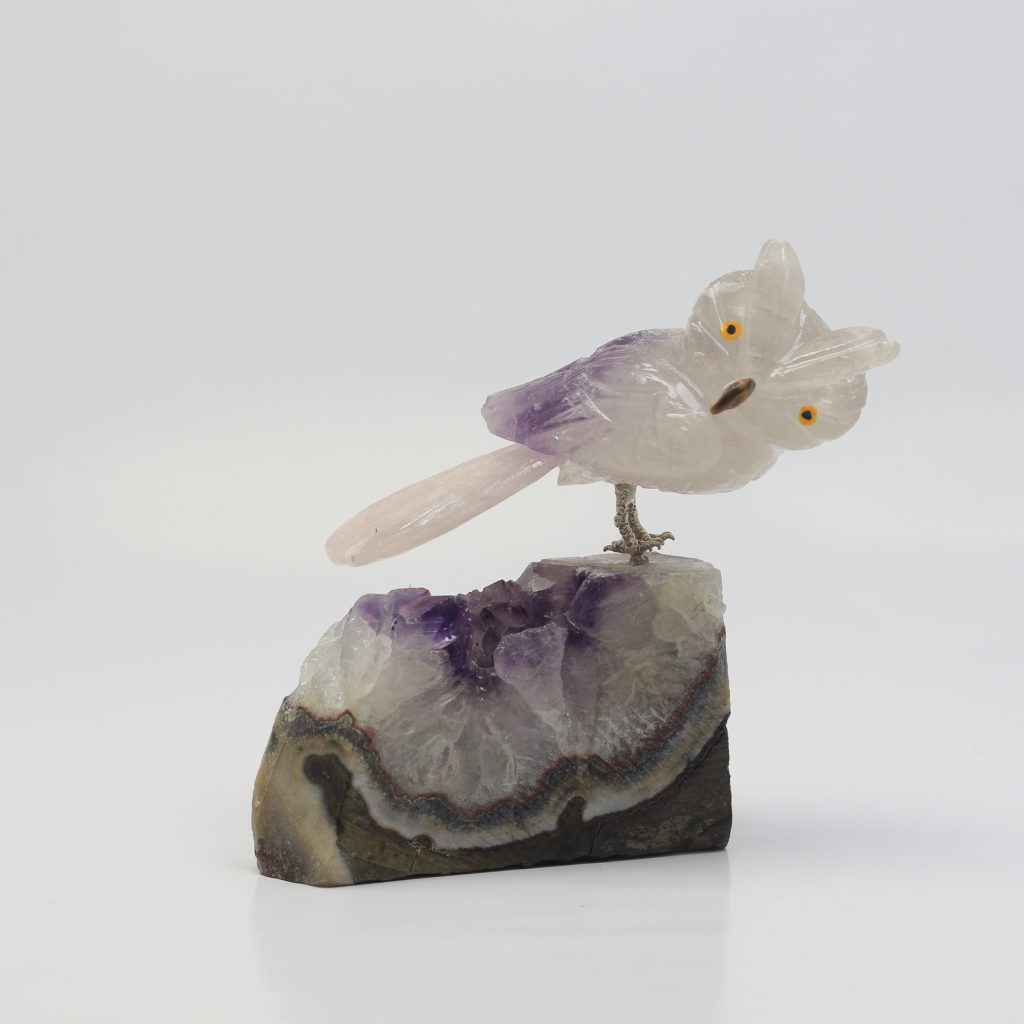 Chouette en améthyste sur druse d’améthyste 668 g du Brésil 13 cm