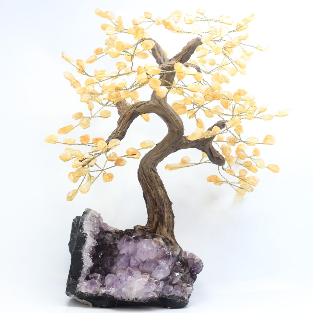 Arbre de vie en Citrine AAA sur druse améthyste du Brésil 41 cm