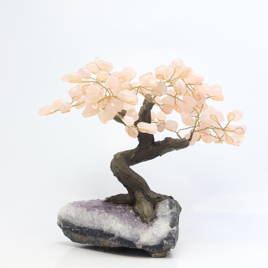 Arbre de vie en Quartz Rose sur druse améthyste AAA du Brésil