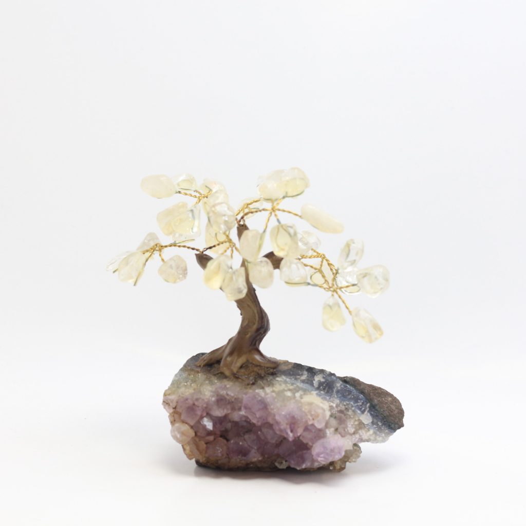 Arbre de vie en cristal de roche sur druse améthyste AAA du Brésil