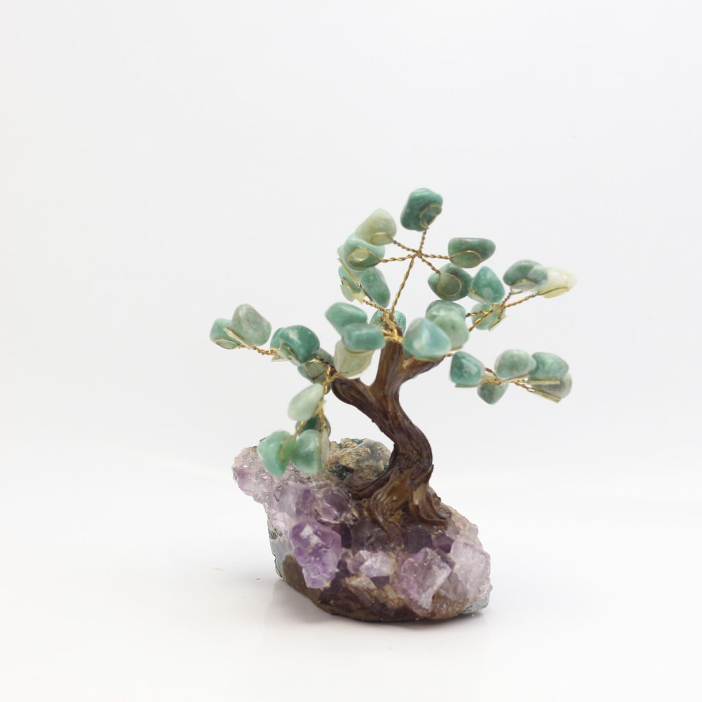 Arbre de vie en Aventurine Verte sur druse améthyste AAA du Brésil. 35 pierres naturelles