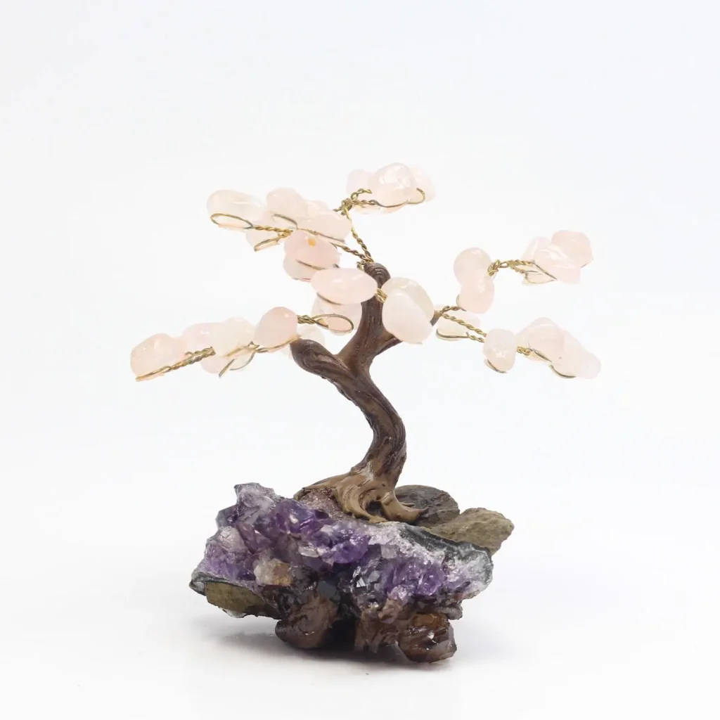 Arbre de vie en Quartz Rose sur druse améthyste AAA du Brésil