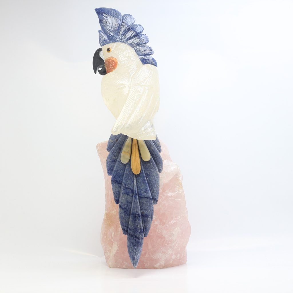 Balise ALT de l’image principale :Sculpture perroquet en quartz blanc et aventurine bleue AAA du BrésilExpression clé principale :sculpture perroquet en quartz blanc et aventurine bleue AAA du Brésil